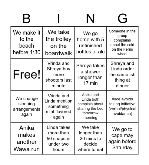 Beach House 2024 Bingo Card