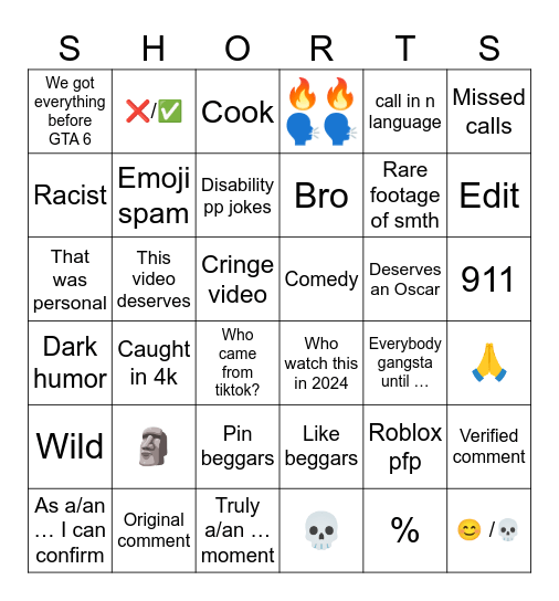 YouTube Short's comment section Bingo Card