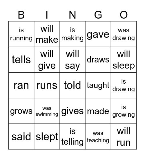 Tense Bingo Card