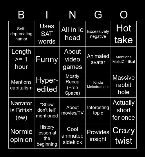 Video Essay Bingo Card