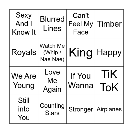 2010s Music Bingo Round 2 Bingo Card