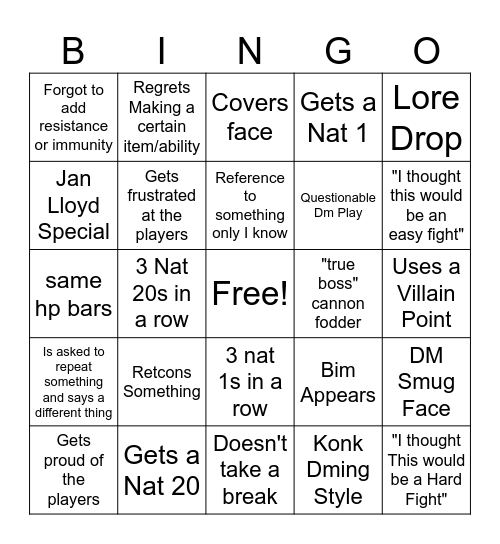 Jan's Dm Bingo Card