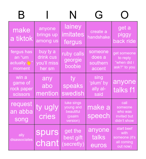 ty’s leaving drinks bingo (bingo = 1 shot) Bingo Card