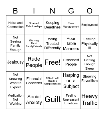 Stressors Bingo Card