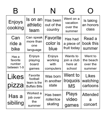 Meet your classmates Bingo Card