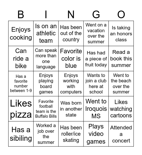 Meet your classmates Bingo Card