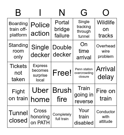 NJTransit Bingo Card