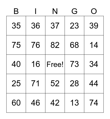 NUMBER BINGO Card