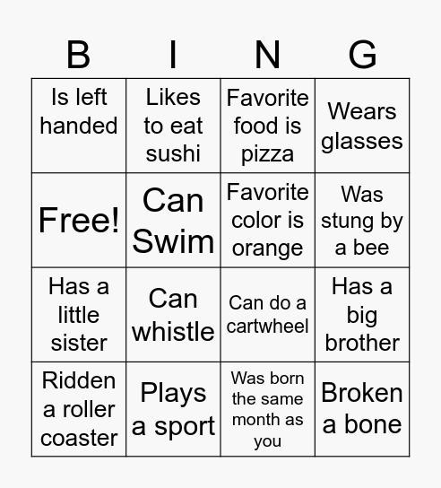 GET TO KNOW YOU Bingo Card