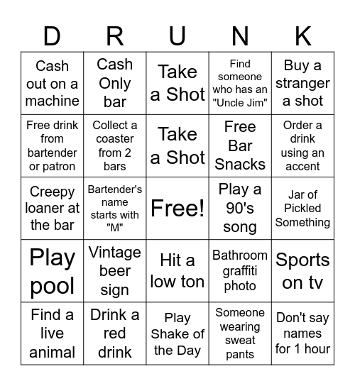 Bad Bar Bingo Tour Bingo Card