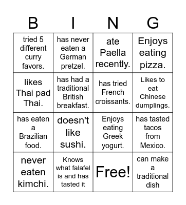 Food & Culture (Find someone who ...) Bingo Card