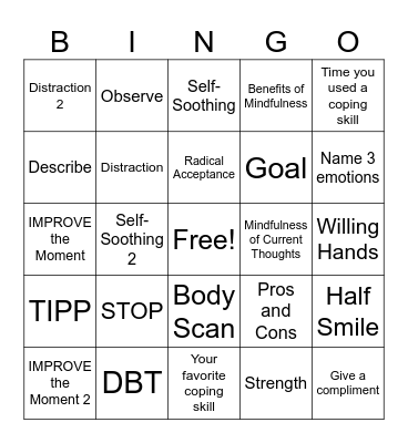 Distress Tolerance Bingo Card