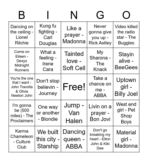 70s & 80s Bingo Card