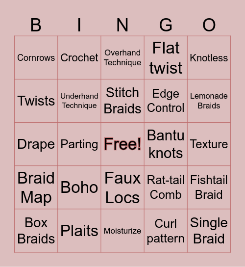 Braiding Bingo Card