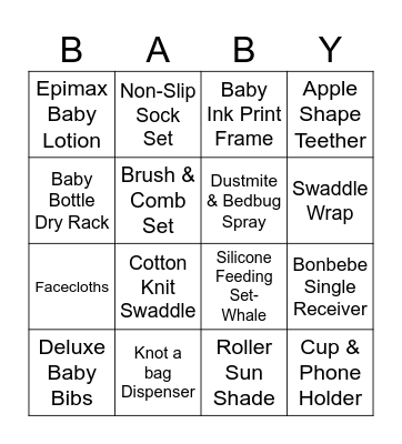 Nadia's Baby Shower Bingo Card