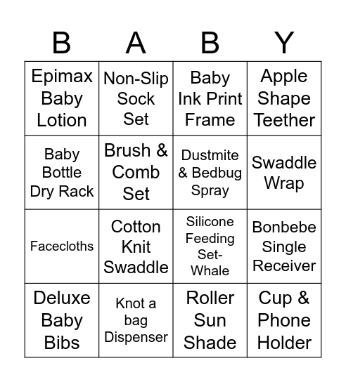 Nadia's Baby Shower Bingo Card