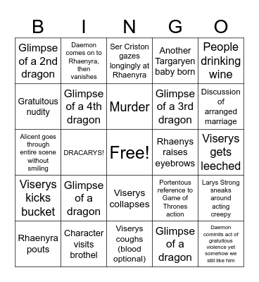 House of the Dragon Bingo Card Bingo Card