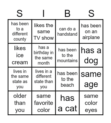 Sibling Bingo! Bingo Card
