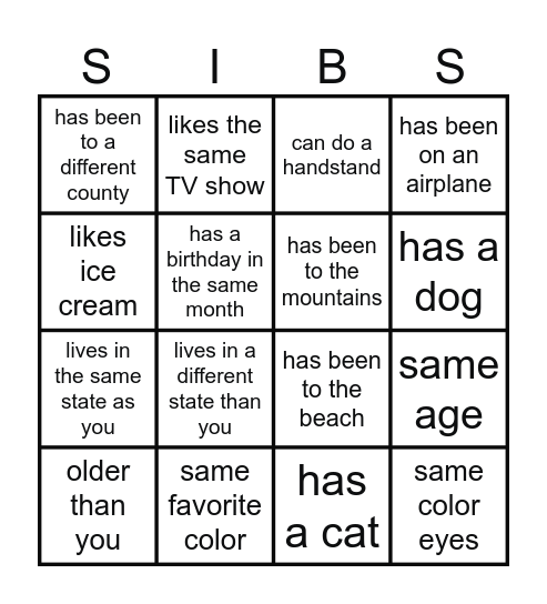 Sibling Bingo! Bingo Card