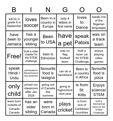 How well do I know my classmates! Bingo Card