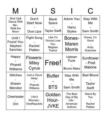 Pop Music Bingo Card