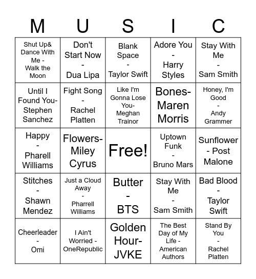 Pop Music Bingo Card