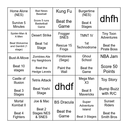 Video Game Bingo Card