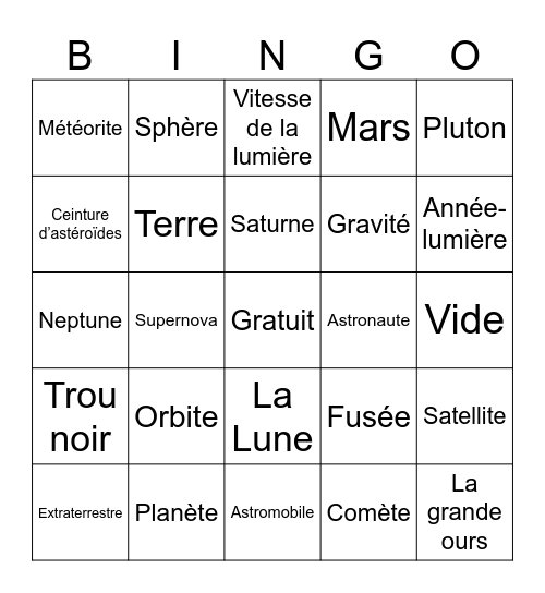 Bingo de l'espace Bingo Card