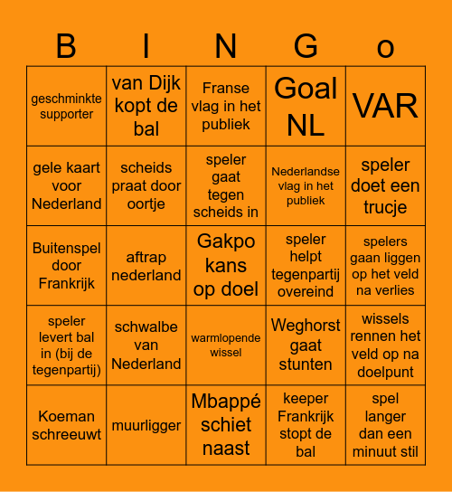 Oranje Bingo! Nederland-Frankrijk Bingo Card