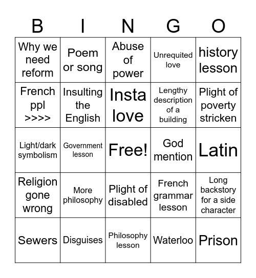 Victor Hugo book Bingo Card