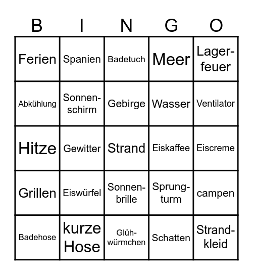 Sommer Bingo Card