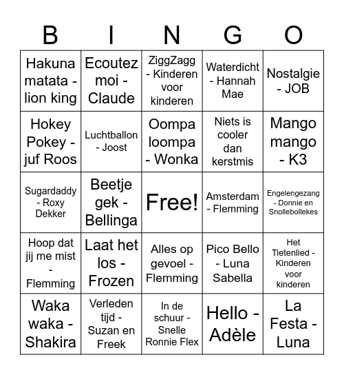 Liedjes bingo Norah’s feestje! Bingo Card