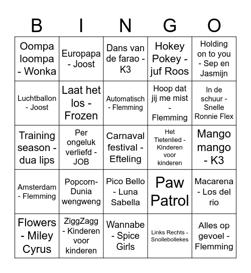 Muziek Bingo Card