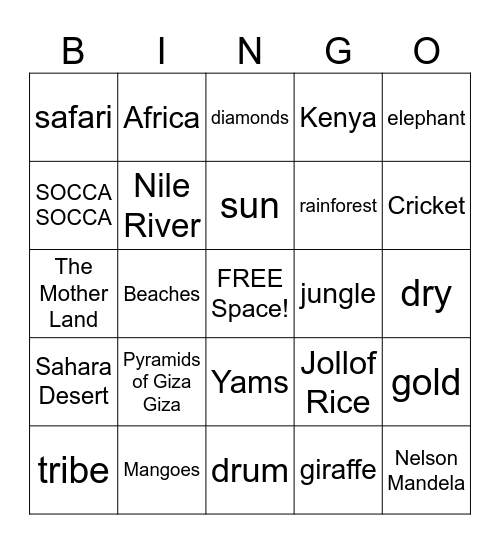 Afro - Caribbean Bingo Card