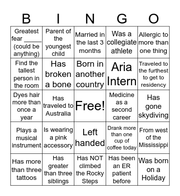 Aria Intern Bingo Card