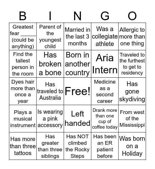 Aria Intern Bingo Card