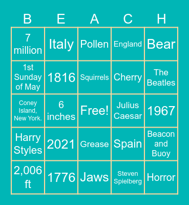 Summertime Beach Bingo! Bingo Card