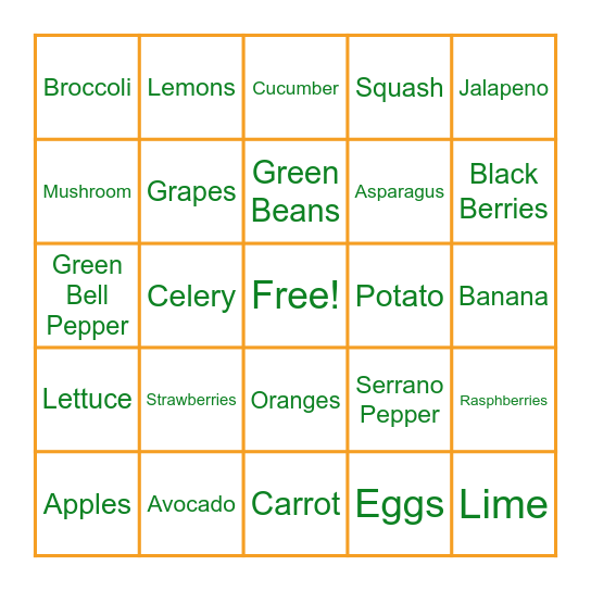 Produce Bingo Card