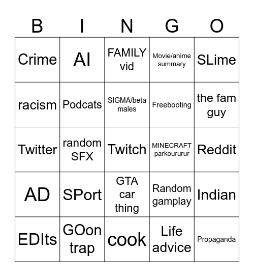 Shorts Bingo Card
