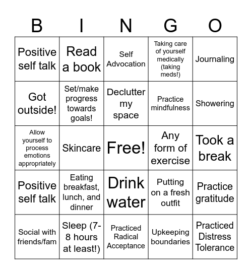 Self-Care Bingo! Bingo Card