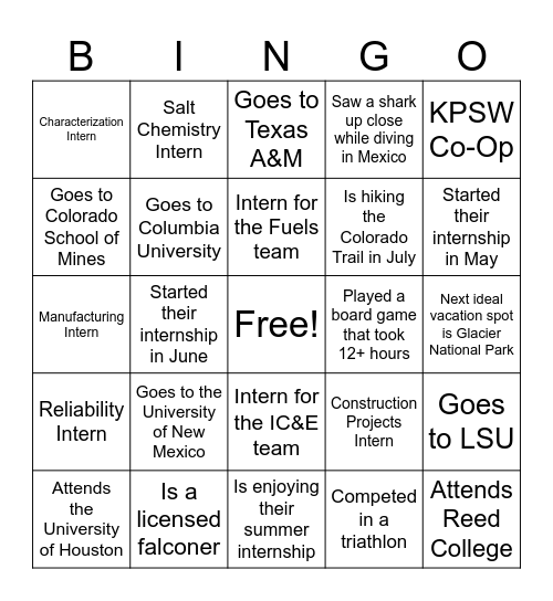 Meet the Interns Bingo - KPSW Bingo Card