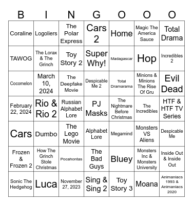 1 Second From 49 Random Animated Movies & TV Shows Bingo Card