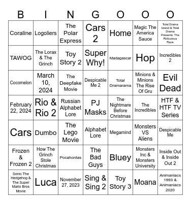 1 Second From 49 Random Animated Movies & TV Shows Bingo Card