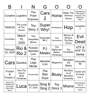 1 Second From 49 Random Animated Movies & TV Shows Bingo Card