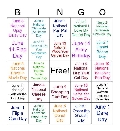 June Days to Celebrate Bingo Card