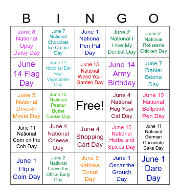 June Days to Celebrate Bingo Card