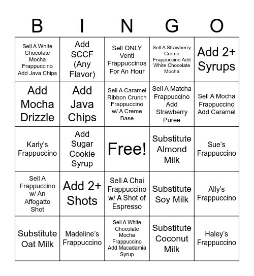 Frappuccino Bingo Card