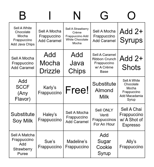 Frappuccino Bingo Card