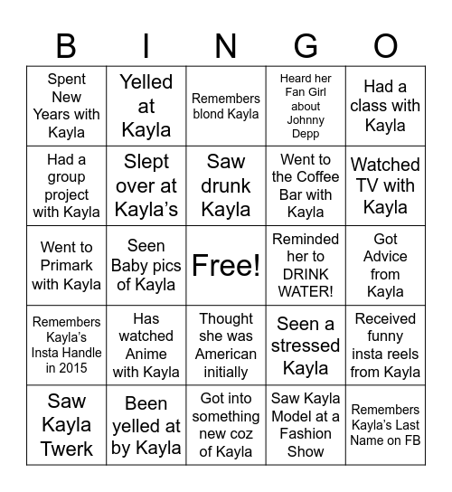 Kayla Bingo Card