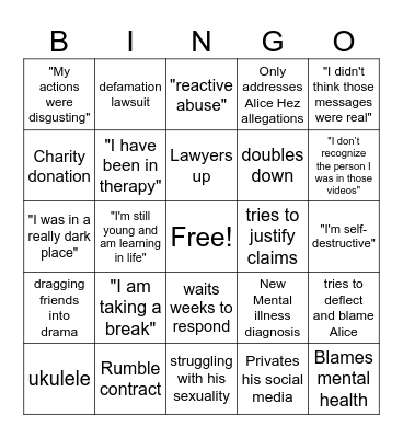 ImAllex Apology Bingo Card